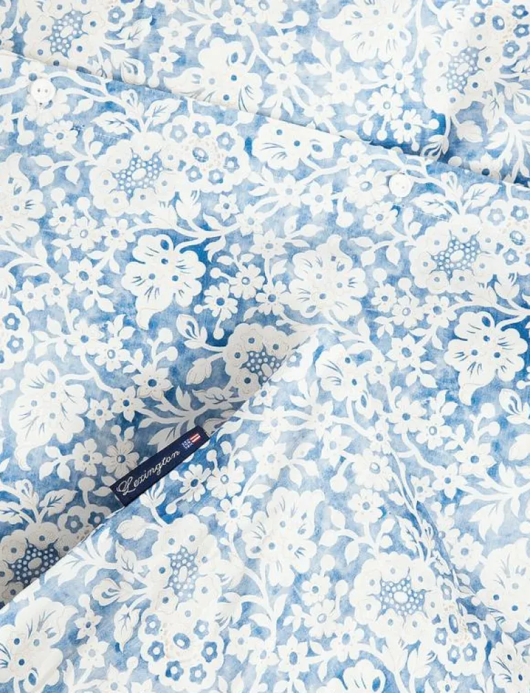 Blue Floral Printed Cotton Sateen Bed Set - Påslakanset