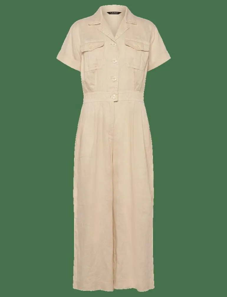 Embroidered Linen Short-Sleeve Jumpsuit - Jumpsuits
