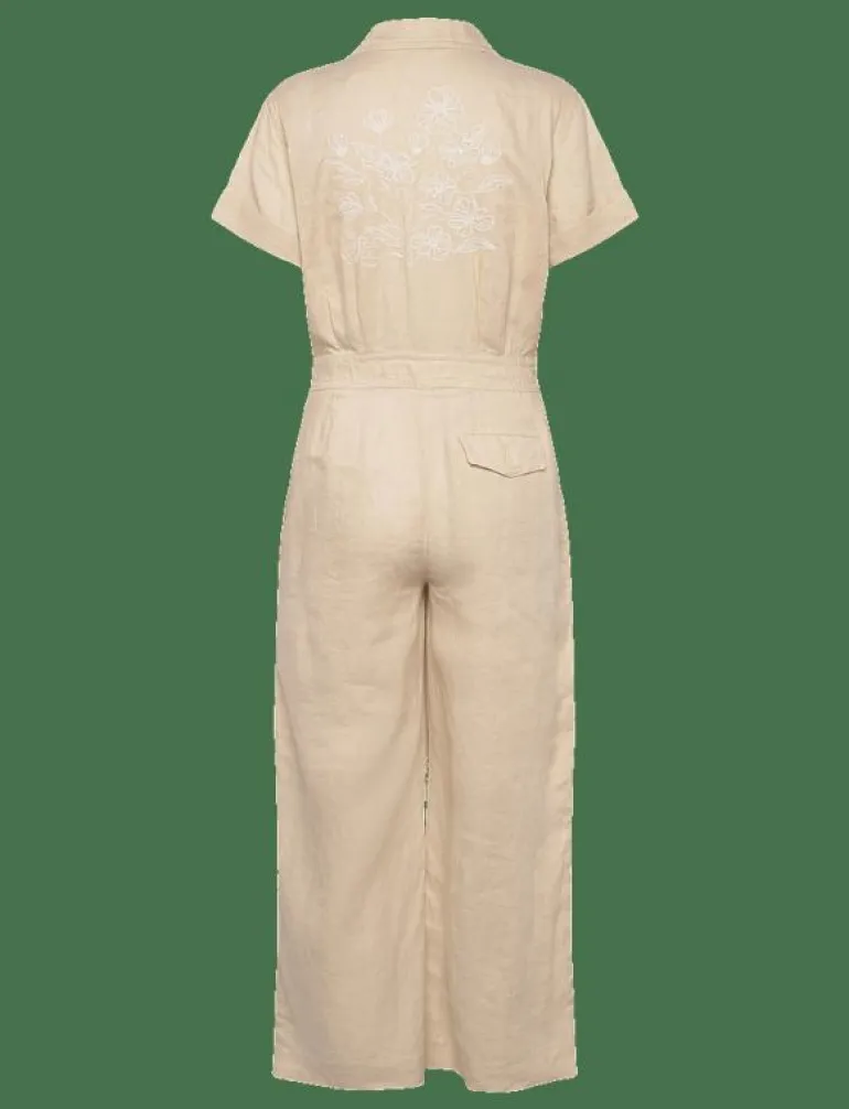 Embroidered Linen Short-Sleeve Jumpsuit - Jumpsuits