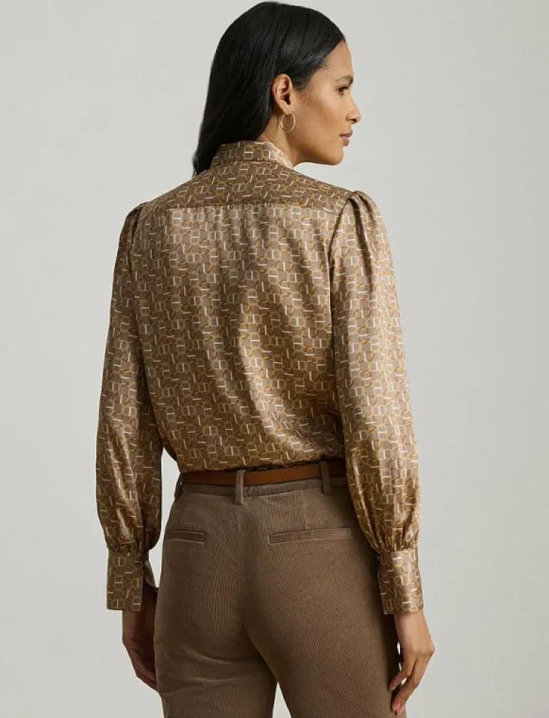 Geo-Print Twill Tie-Neck Blouse - Långärmade blusar