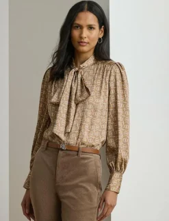 Geo-Print Twill Tie-Neck Blouse - Långärmade blusar