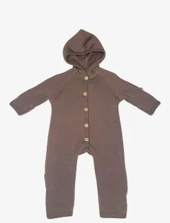 Jumpsuit merino wool w. buttons and hoodie, rose brown - Långärmad bodysuit