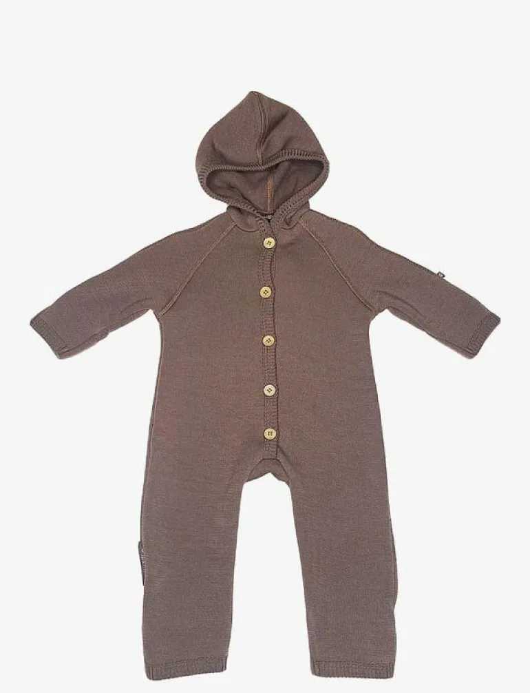 Jumpsuit merino wool w. buttons and hoodie, rose brown - Långärmad bodysuit