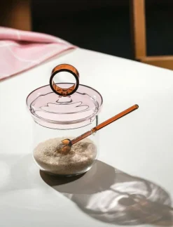 Loop sockerburk med lock och sked 14 cm, klar/rosa/bärnsten - Förvaringsburkar
