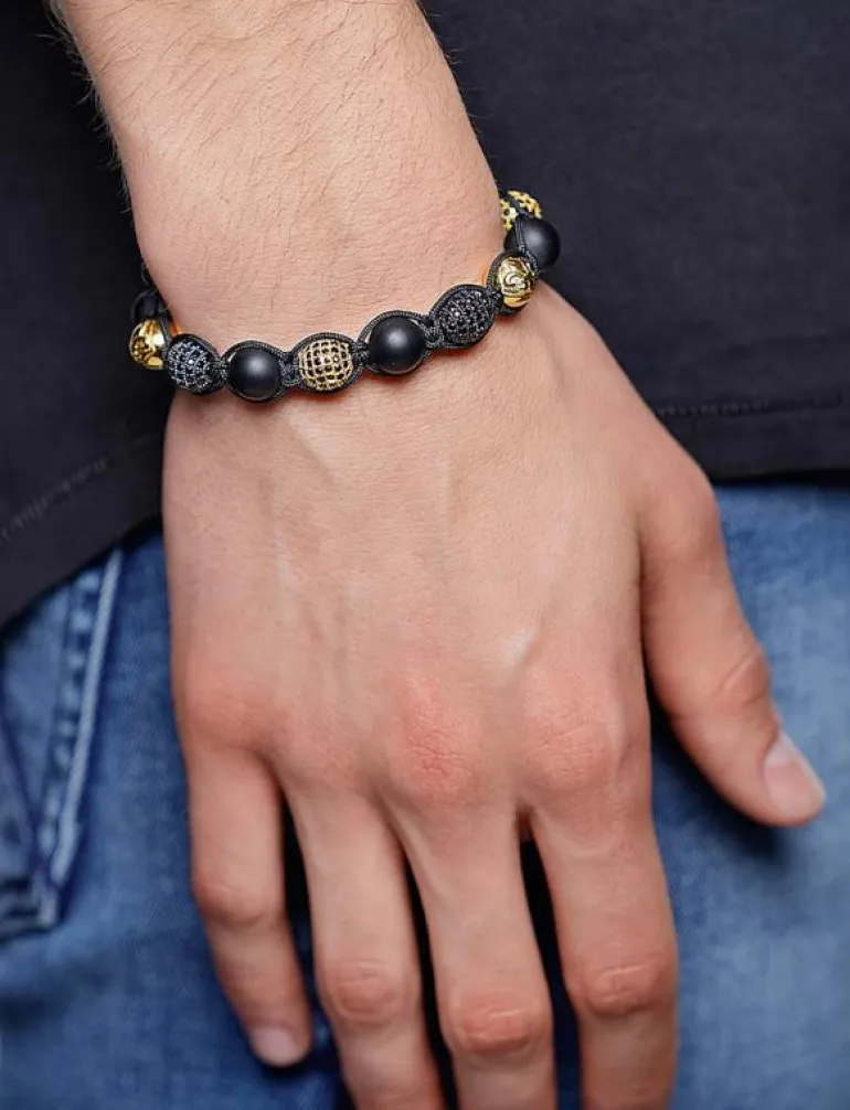 Men's Beaded Bracelet with Matte Onyx and Black/Gold CZ Diam - Armband