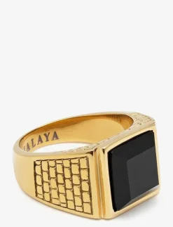 Men's Golden Brick Signet Ring with Agate - Ringar