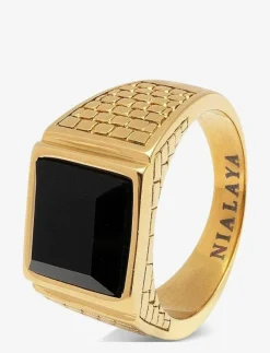 Men's Golden Brick Signet Ring with Agate - Ringar