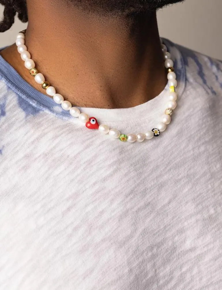 Men's Smiley Face Pearl Choker with Assorted Beads - Halsband