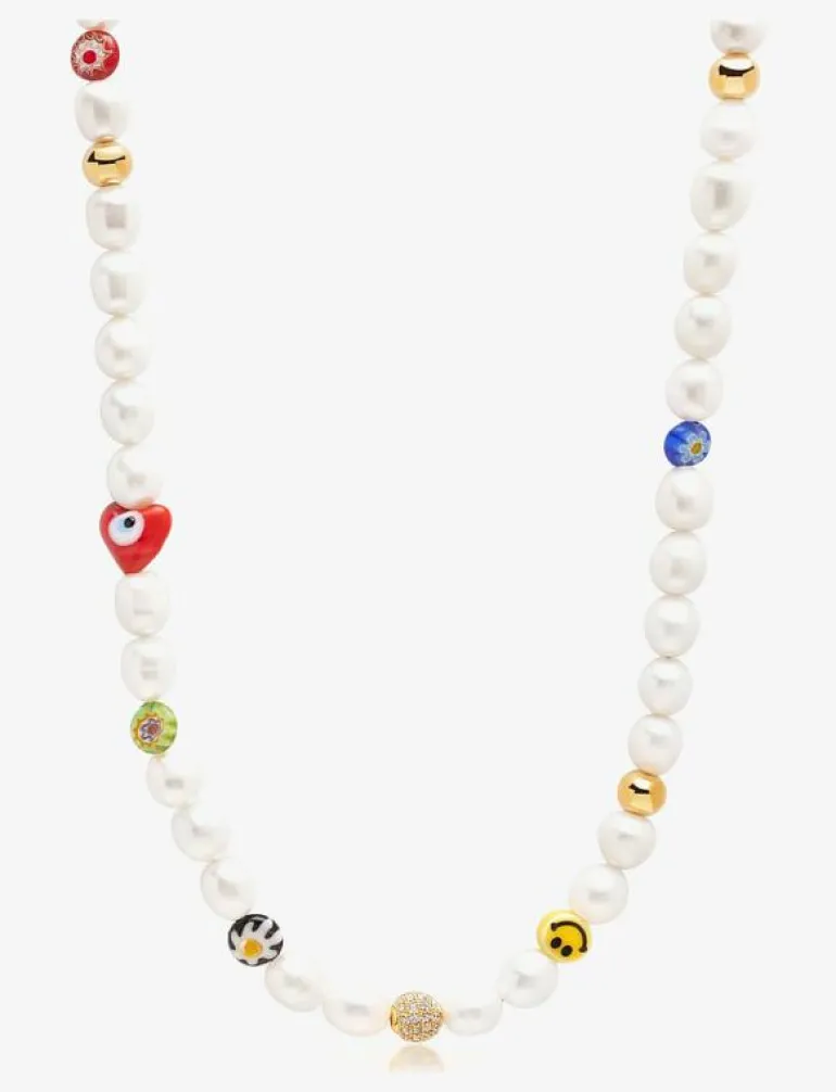 Men's Smiley Face Pearl Choker with Assorted Beads - Halsband