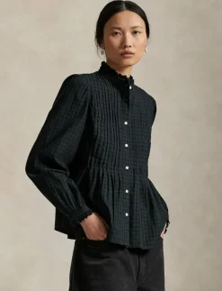 Pintucked Plaid Cotton Shirt - Långärmade