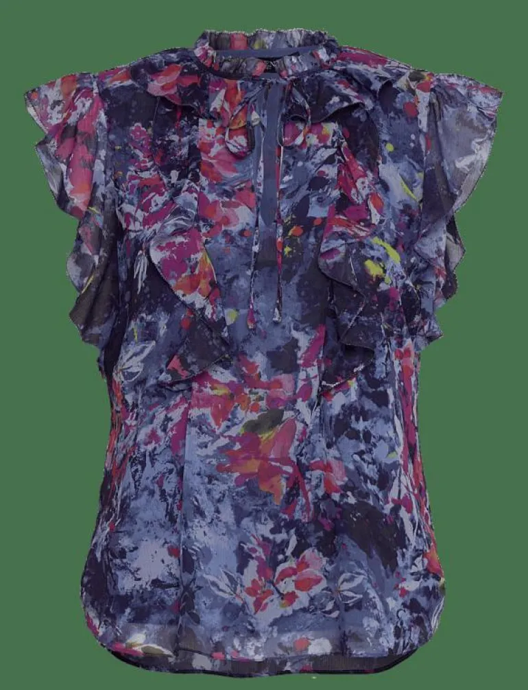 Print Ruffle-Trim Georgette Blouse - Ärmlösa blusar