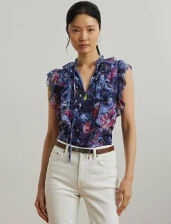 Print Ruffle-Trim Georgette Blouse - Ärmlösa blusar