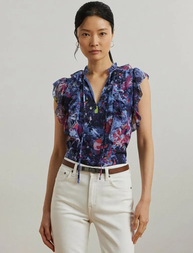 Print Ruffle-Trim Georgette Blouse - Ärmlösa blusar