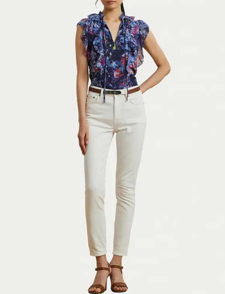 Print Ruffle-Trim Georgette Blouse - Ärmlösa blusar