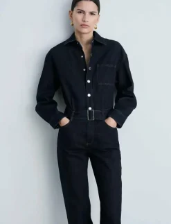 Rinse-wash denim jumpsuit with belt - Jumpsuits