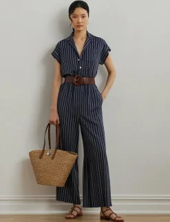 Striped Belted Twill Wide-Leg Jumpsuit - Jumpsuits